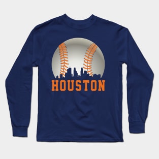 Vintage Houston TX Downtown Skyline Baseball For Gameday Long Sleeve T-Shirt